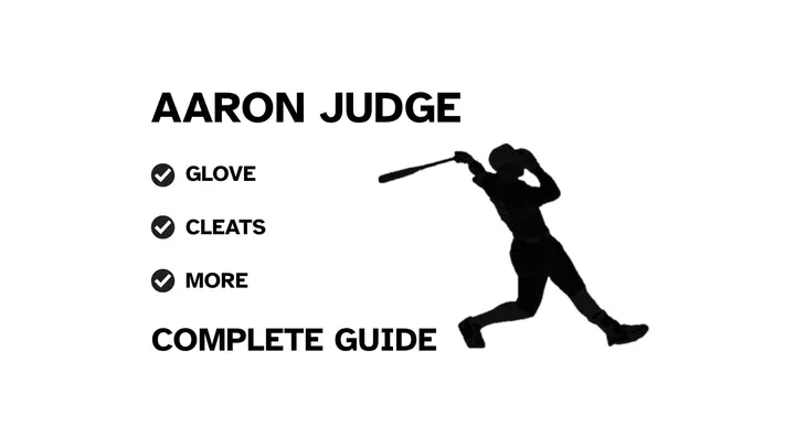 A graphic for the complete guide to Aaron Judge's baseball gear, featuring his name, a silhouette of him batting, and a checklist including his glove and cleats.