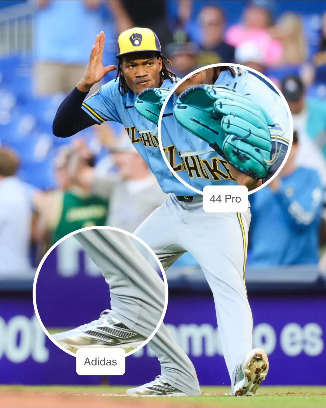 Abner Uribe showcasing his 44 Pro Glove and Adidas Cleats