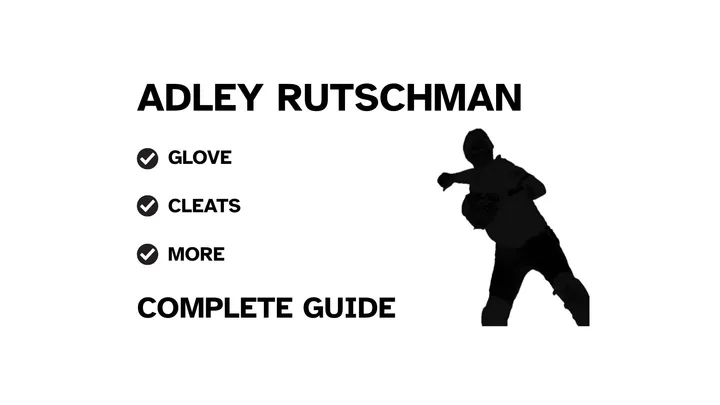 A graphic for the complete guide to Adley Rutschman's baseball gear, featuring his name, a silhouette of him batting, and a checklist including his glove and cleats.