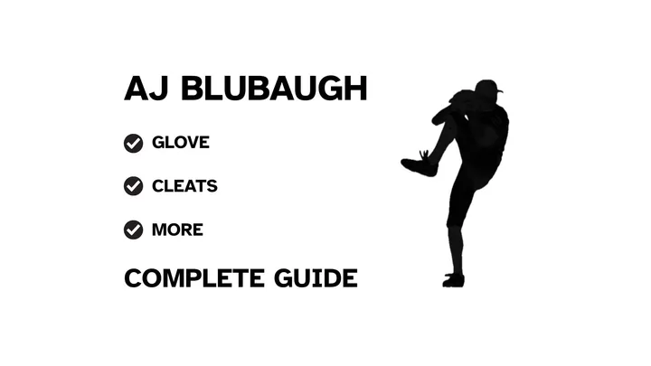 A guide to AJ Blubaugh's baseball gear, featuring his name and a showcase of his pitching equipment.