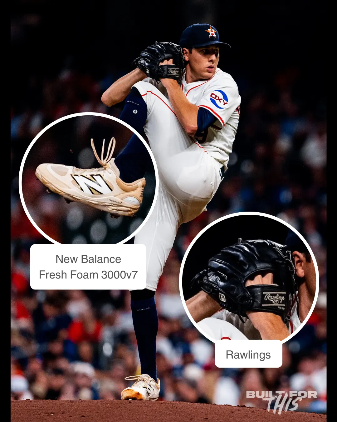 AJ Blubaugh showcasing his Rawlings glove and New Balance cleats