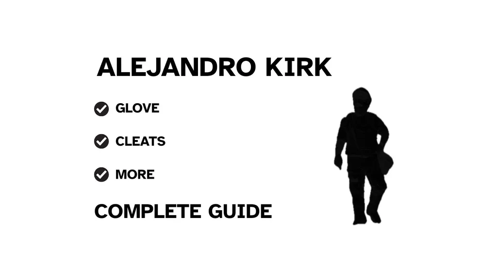 A graphic for the complete guide to Alejandro Kirk's baseball gear, featuring his name, a silhouette of him batting, and a checklist including his glove and cleats.