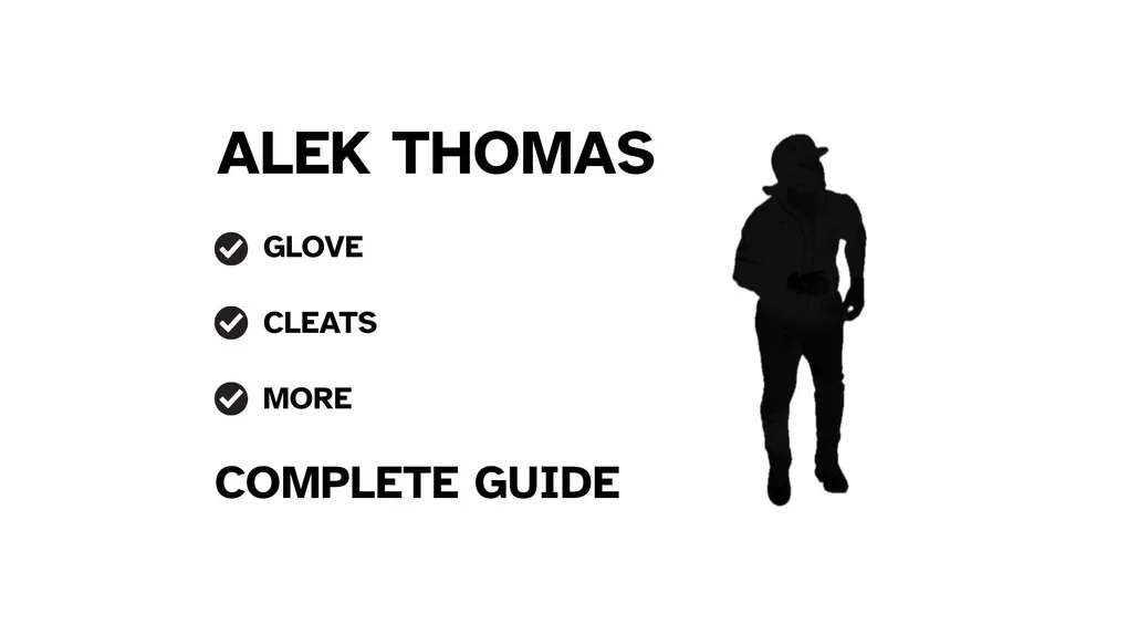 A graphic for the complete guide to Alek Thomas's baseball gear, featuring his name, a silhouette of him batting, and a checklist including his glove and cleats.