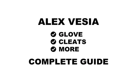 A black-and-white checklist graphic for Alex Vesia's baseball gear, featuring his name and glove and cleats labels.