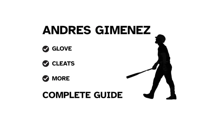 A graphic for the complete guide to Andrés Giménez's baseball gear, featuring his name, a silhouette of him batting, and a checklist including his glove and cleats.