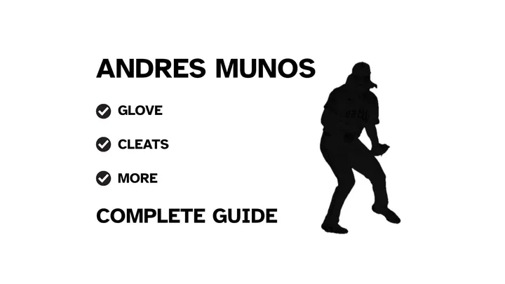 A graphic for the complete guide to Andrés Muñoz's baseball gear, featuring his name, a silhouette of him pitching, and a checklist including his glove and cleats.