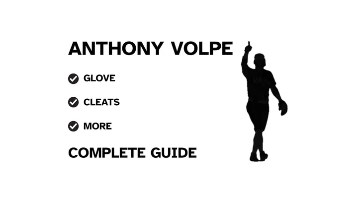 A graphic for the complete guide to Anthony Volpe's baseball gear, featuring his name, a silhouette of him batting, and a checklist including his glove and cleats.