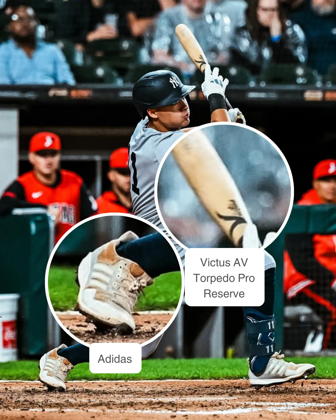 Anthony Volpe wearing Adidas Adizero 6.0 batting gloves, EvoShield leg guard, Absolutely Ridiculous belt, Rawlings glove, and Adidas cleats