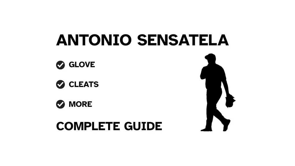 A graphic for the complete guide to Antonio Senzatela's baseball gear, featuring his name, a silhouette, and a checklist including his glove and cleats.