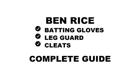A graphic for the complete guide to Ben Rice's baseball gear, featuring his name and a checklist including his batting gloves, leg guard, and cleats.