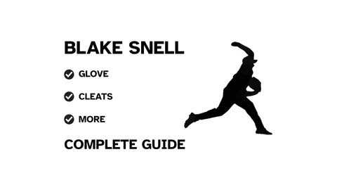 A graphic for the complete guide to Blake Snell's baseball gear, featuring his name, a silhouette of him pitching, and a checklist including his glove and cleats.