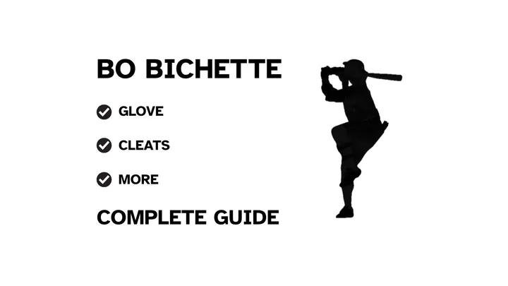 A graphic for the complete guide to Bo Bichette's baseball gear, featuring his name, a silhouette of him batting, and a checklist including his glove and cleats.