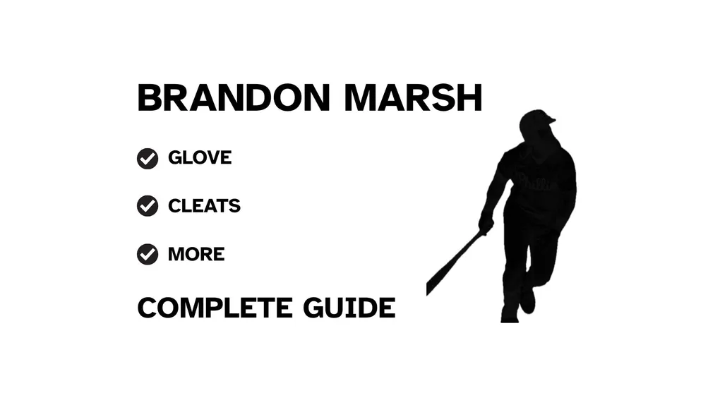 A graphic for the complete guide to Brandon Marsh's baseball gear, featuring his name, a silhouette of him batting, and a checklist including his glove and cleats.
