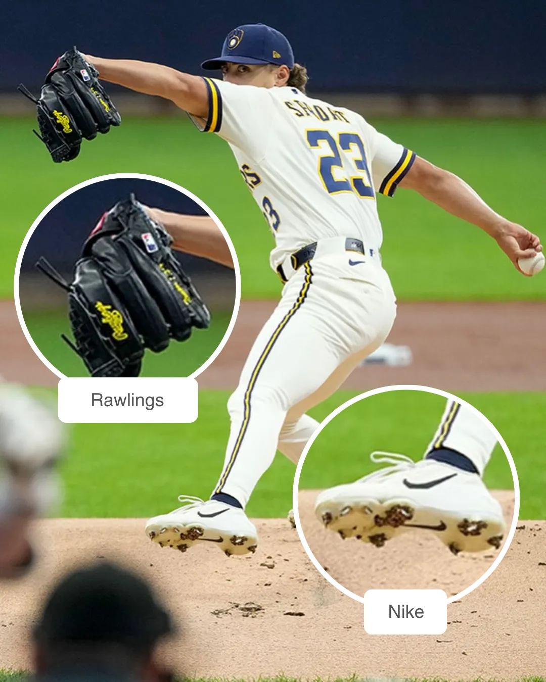 Brandon Sproat showcasing his Rawlings glove and Nike cleats