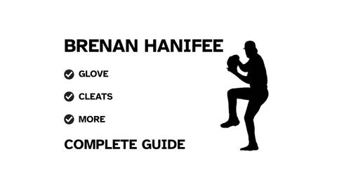 A graphic for the complete guide to Brenan Hanifee's baseball gear, featuring his name, a silhouette of him pitching, and a checklist including his glove and cleats.