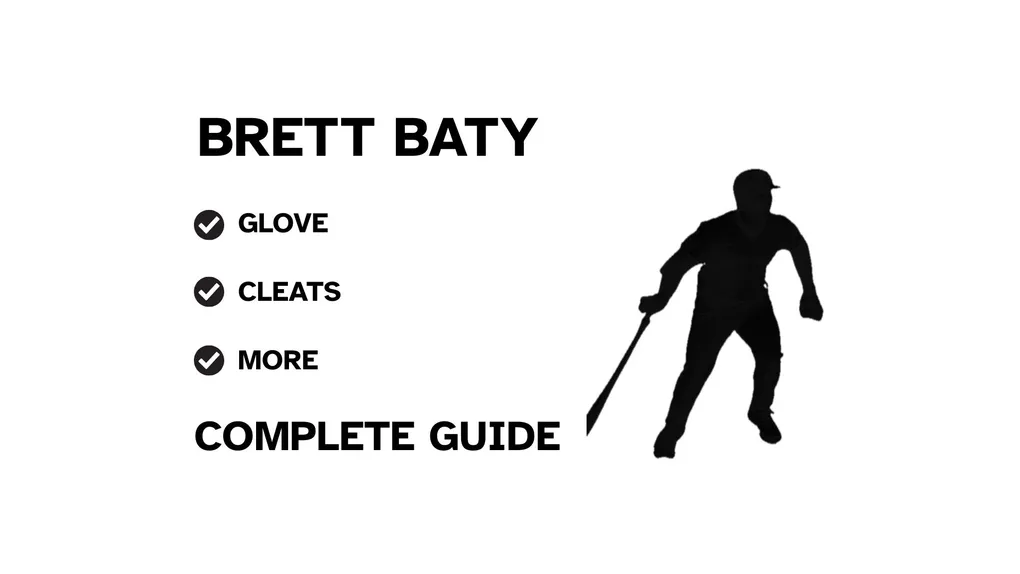A graphic for the complete guide to Brett Baty's baseball gear, featuring his name, a silhouette of him batting, and a checklist including his glove and cleats.