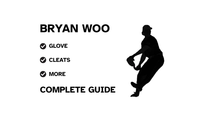 A graphic for the complete guide to Bryan Woo's baseball gear, featuring his name, a silhouette of him pitching, and a checklist including his glove and cleats.