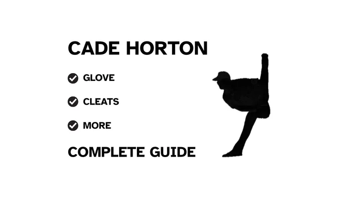 A graphic for the complete guide to Cade Horton's baseball gear, featuring his name, a silhouette of him pitching, and a checklist including his glove and cleats.