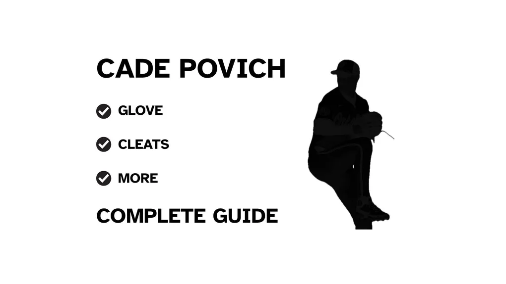 A graphic for the complete guide to Cade Povich's baseball gear, featuring his name, a silhouette of him pitching, and a checklist including his glove and cleats.