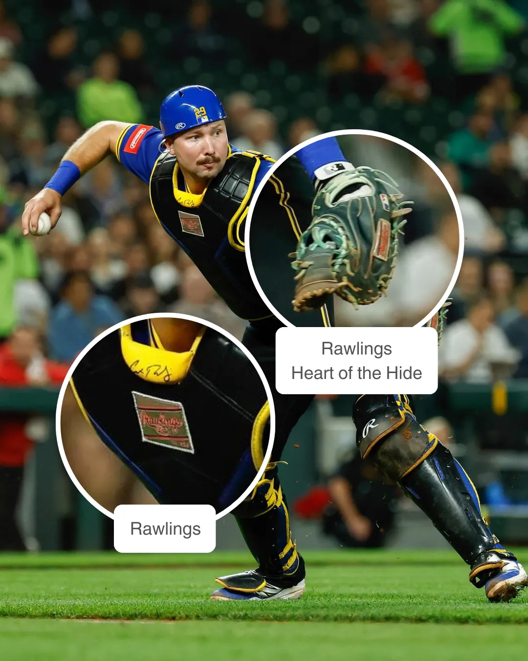 Cal Raleigh wearing Rawlings glove and protective gear