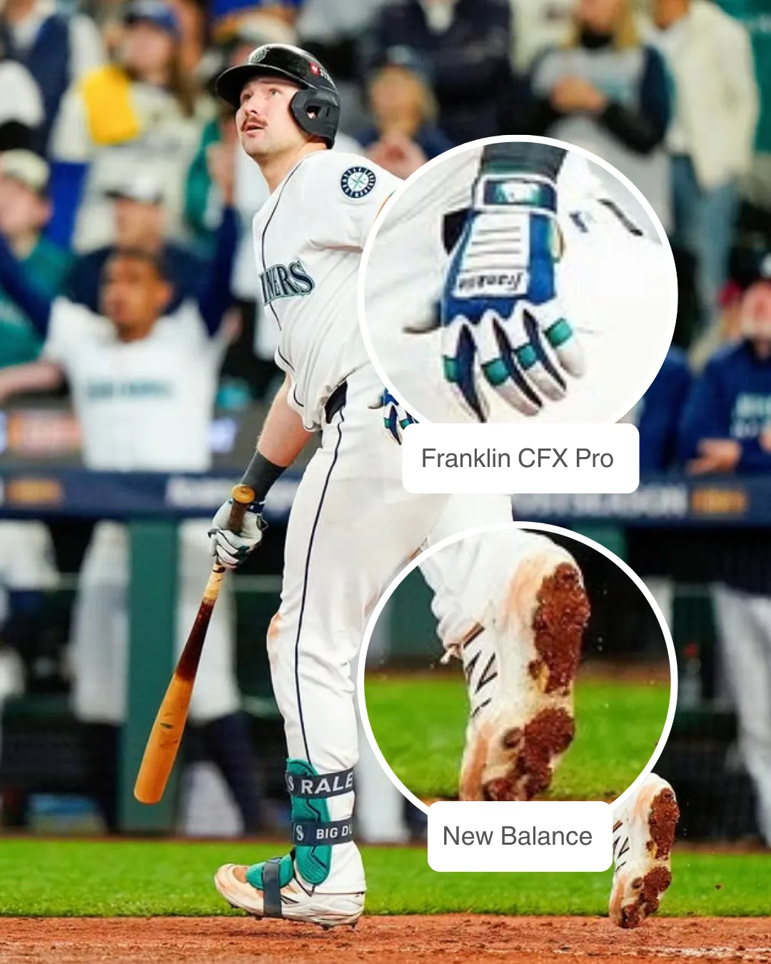 Cal Raleigh wearing Franklin batting gloves and New Balance cleats