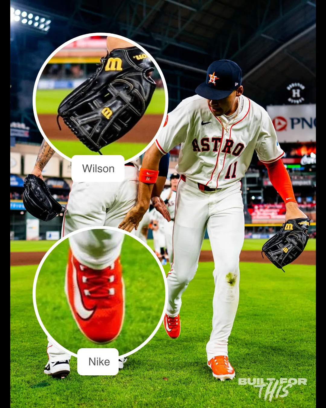 Cam Smith showcasing his Wilson glove, Nike cleats and Nike Arm Sleeve