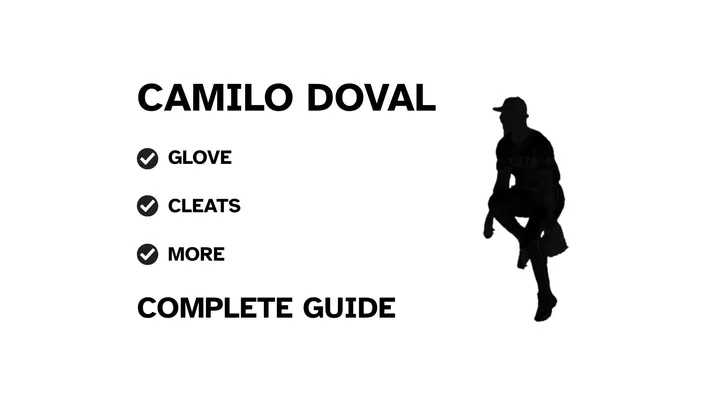 A graphic for the complete guide to Camilo Doval's baseball gear, featuring his name, a silhouette of him batting, and a checklist including his glove and cleats.