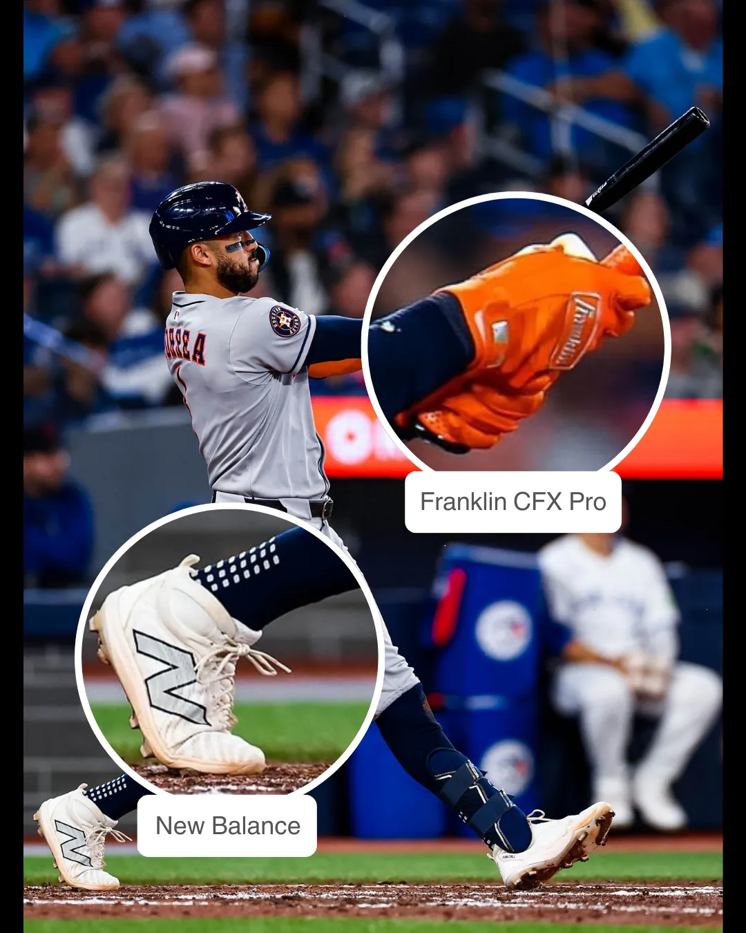 Carlos Correa showcasing his Victus bat and Franklin batting gloves