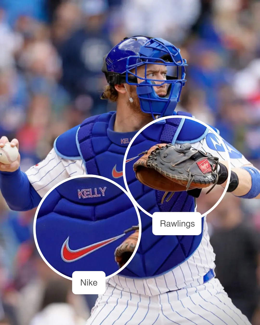 Carson Kelly wearing Nike Diamond elbow guard and Rawlings glove