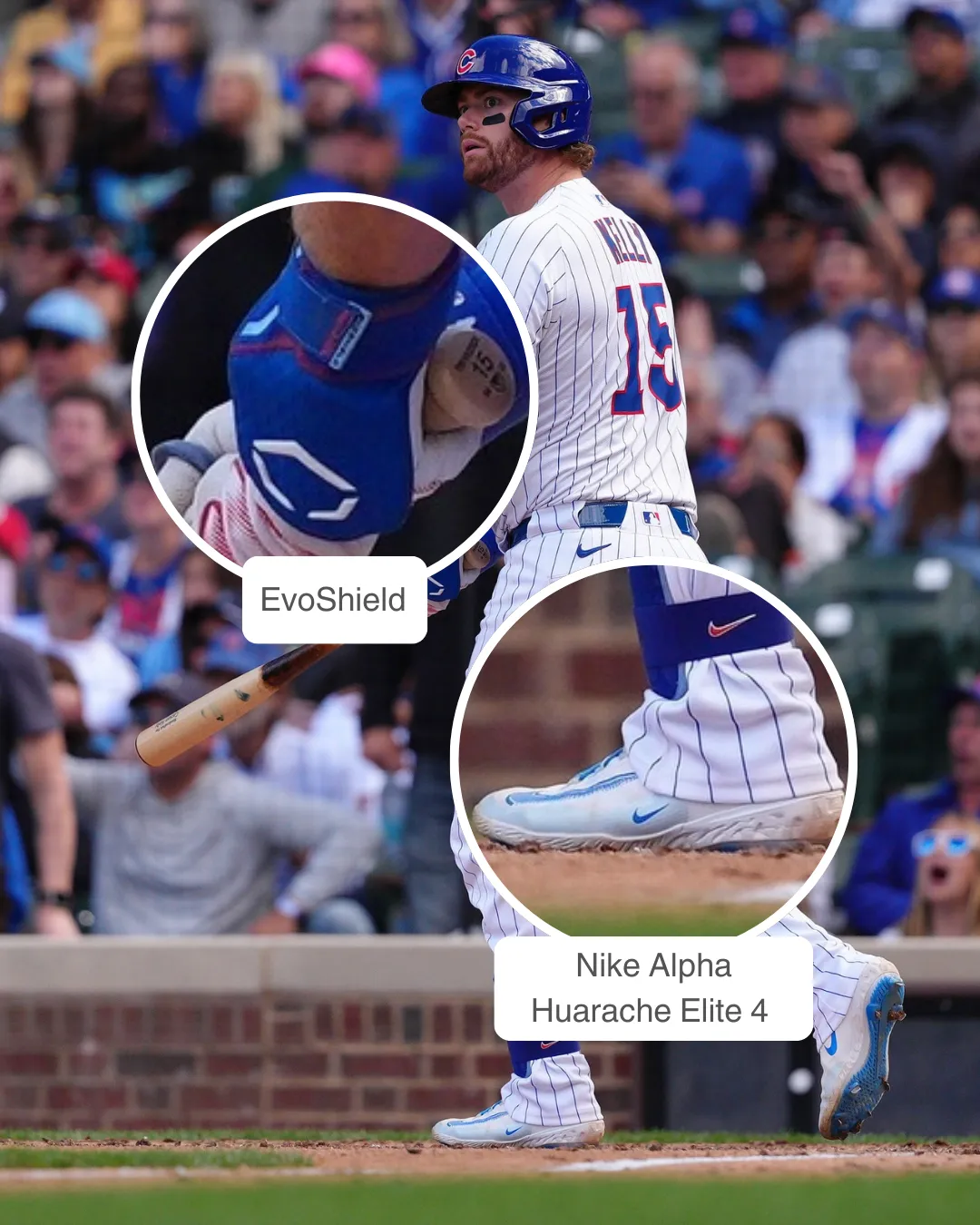 Carson Kelly wearing Nike Alpha Elite batting gloves, Nike Diamond elbow guard, Nike cleats, and Rawlings glove