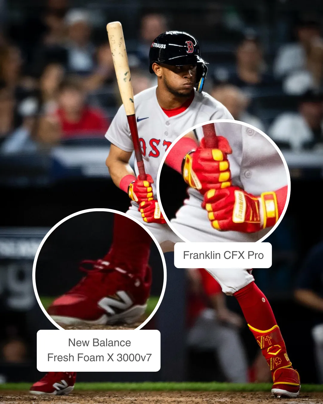 Ceddanne Rafaela wearing Franklin batting gloves, EvoShield elbow guard and leg guard, and New Balance cleats