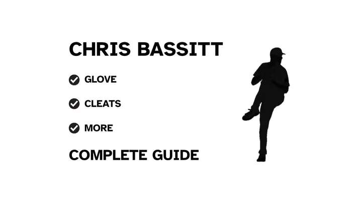A graphic for the complete guide to Chris Bassitt's baseball gear, featuring his name, a silhouette of him pitching, and a checklist including his glove and cleats.
