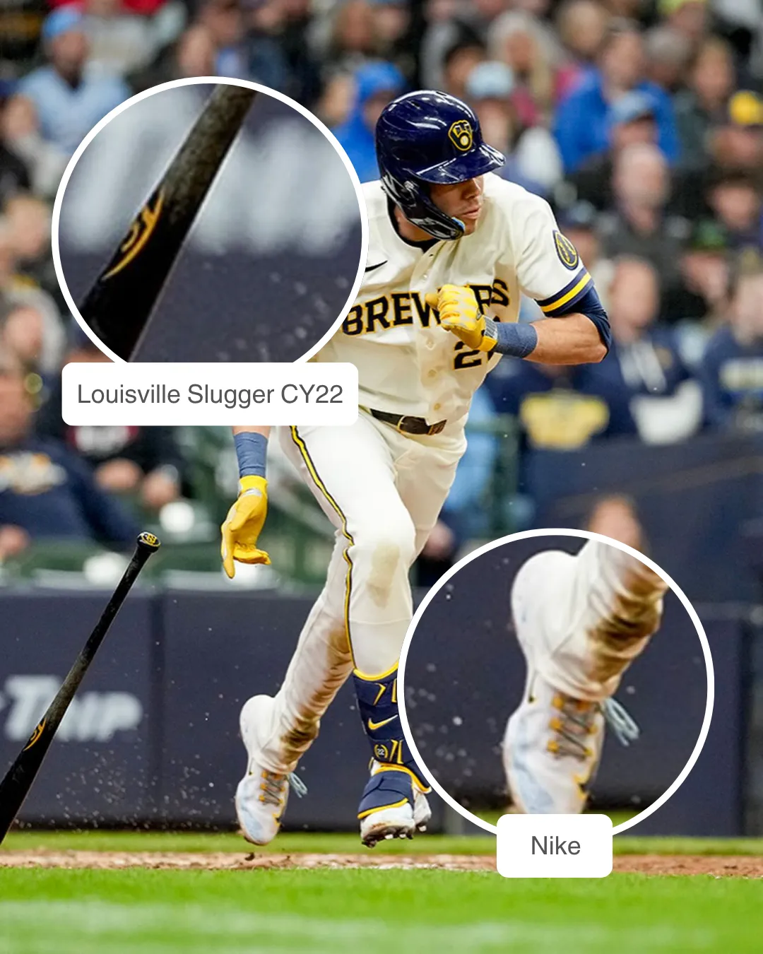 Christian Yelich showcasing his Louisville Slugger bat and Nike cleats