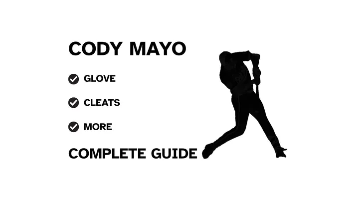 A graphic for the complete guide to Coby Mayo's baseball gear, featuring his name, a silhouette of him batting, and a checklist including his glove and cleats.