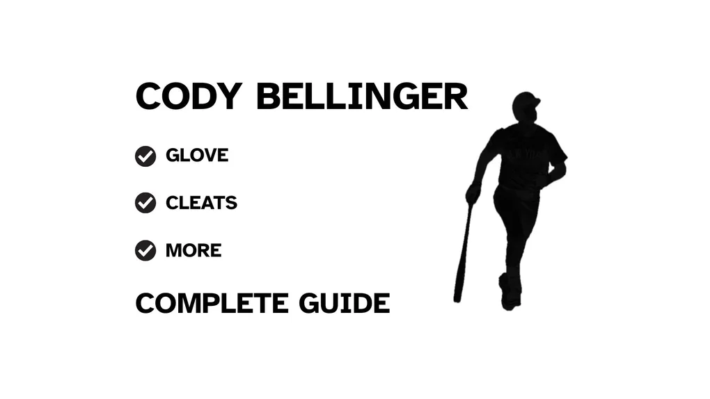 A graphic for the complete guide to Cody Bellinger's baseball gear, featuring his name, a silhouette of him batting, and a checklist including his glove and cleats.