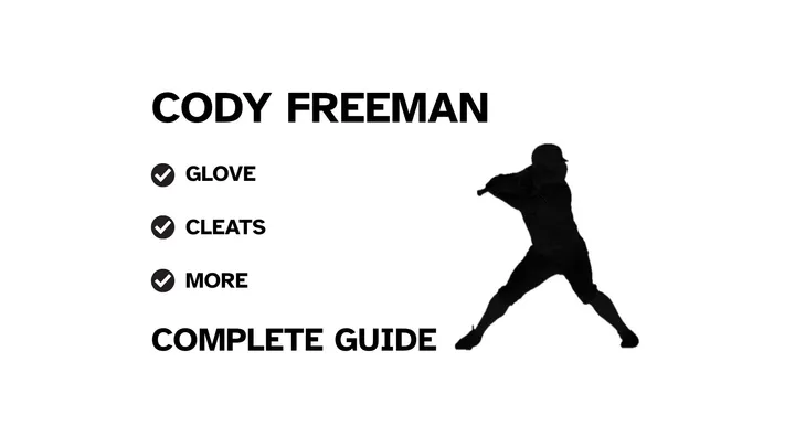 A graphic for the complete guide to Cody Freeman's baseball gear, featuring his name, a silhouette of him batting, and a checklist including his glove and cleats.
