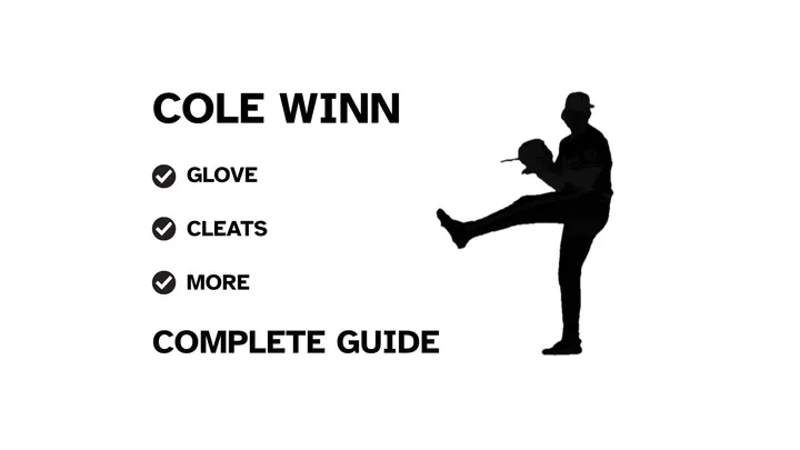 A graphic for the complete guide to Cole Winn's baseball gear, featuring his name, a silhouette of him pitching, and a checklist including his glove and cleats.