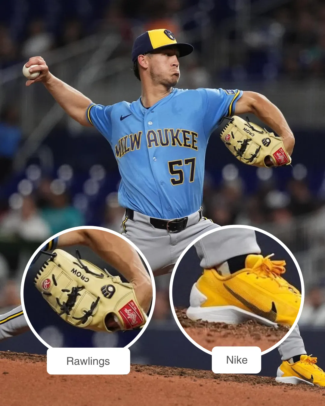 Coleman Crow showcasing his Rawlings glove and Nike cleats