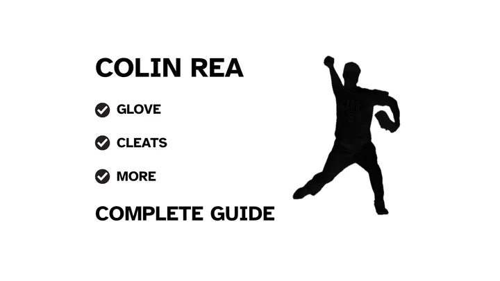 A graphic for the complete guide to Colin Rea's baseball gear, featuring his name, a silhouette of him pitching, and a checklist including his glove and cleats.