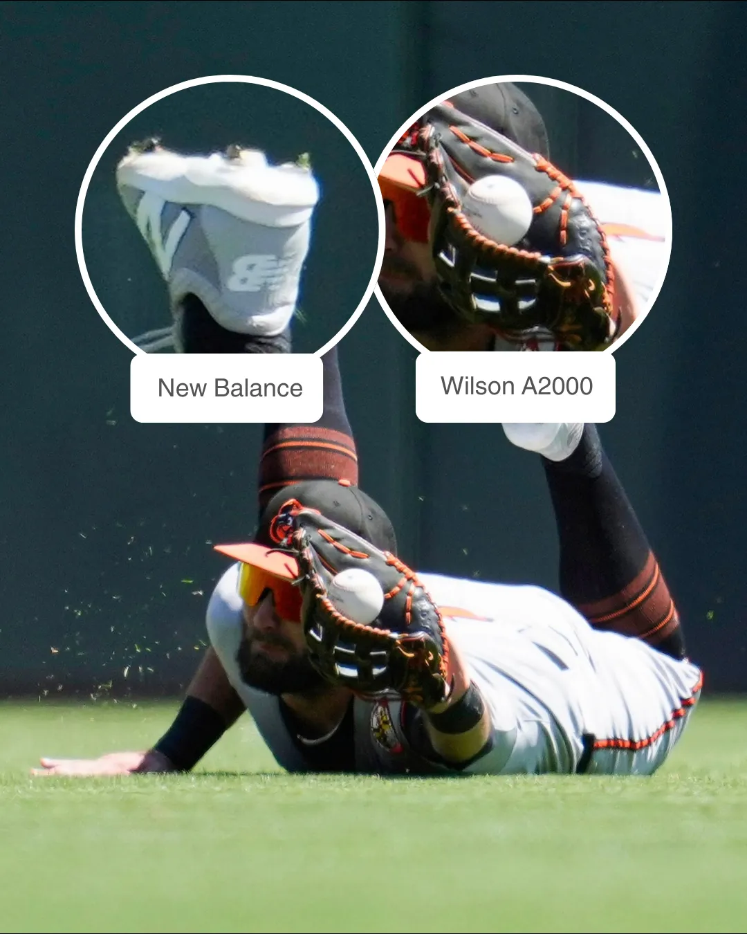 Colton Cowser fielding with Wilson A2000 glove and New Balance cleats