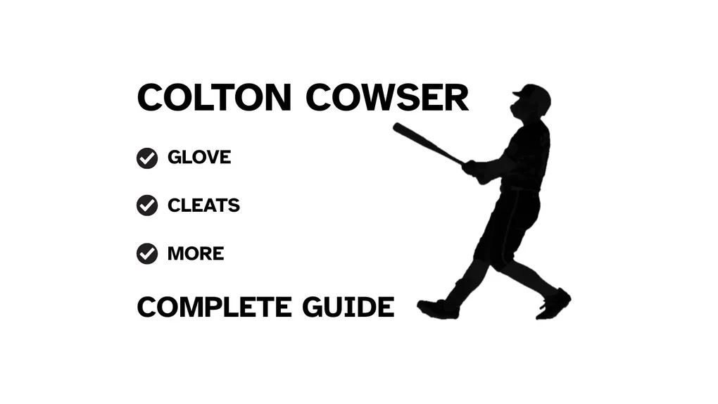 A graphic for the complete guide to Colton Cowser's baseball gear, featuring his name, a silhouette of him batting, and a checklist including his glove and cleats.