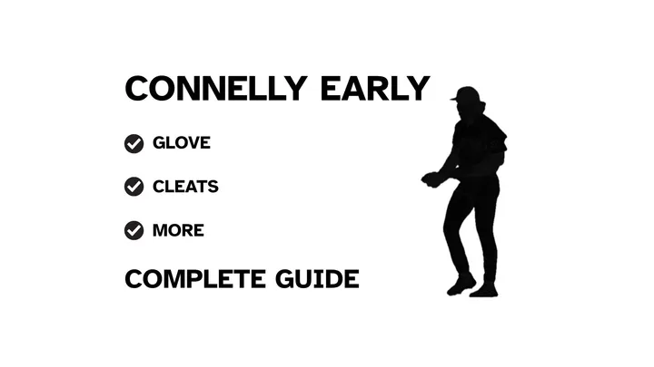 A graphic for the complete guide to Connelly Early's baseball gear, featuring his name, a silhouette of him pitching, and a checklist including his glove and cleats.
