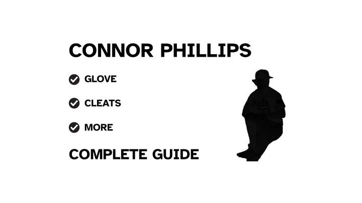 A graphic for the complete guide to Connor Phillips' baseball gear, featuring his name, a silhouette of him pitching, and a checklist including his glove and cleats.