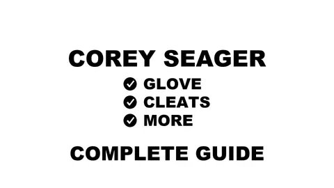A graphic for the complete guide to Corey Seager's baseball gear, featuring his name and a checklist including his glove, cleats, bat, and batting gloves.