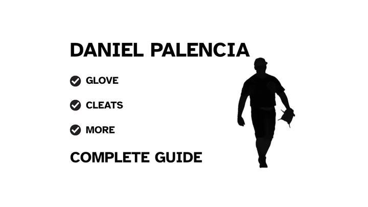 A graphic for the complete guide to Daniel Palencia's baseball gear, featuring his name, a silhouette of him pitching, and a checklist including his glove and cleats.