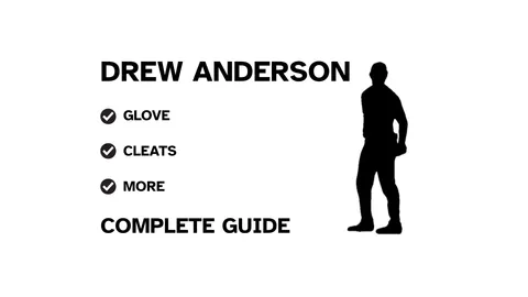 A graphic for the complete guide to Drew Anderson's baseball gear, featuring his name, a silhouette of him pitching, and a checklist including his glove and cleats.