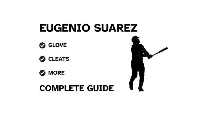 A graphic for the complete guide to Eugenio Suárez's baseball gear, featuring his name, a silhouette of him batting, and a checklist including his glove and cleats.