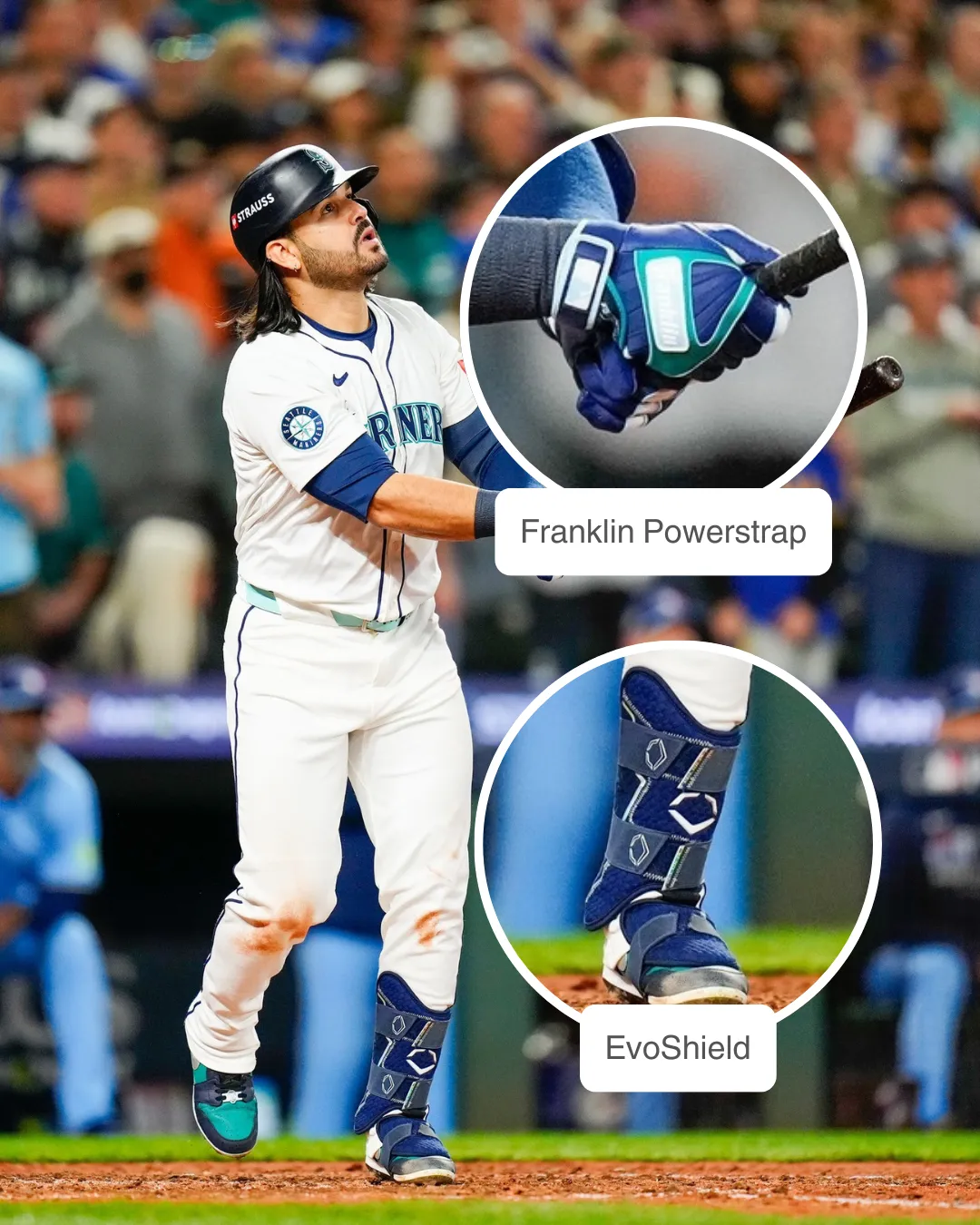 Eugenio Suárez wearing Franklin Power Strap batting gloves and EvoShield leg guard