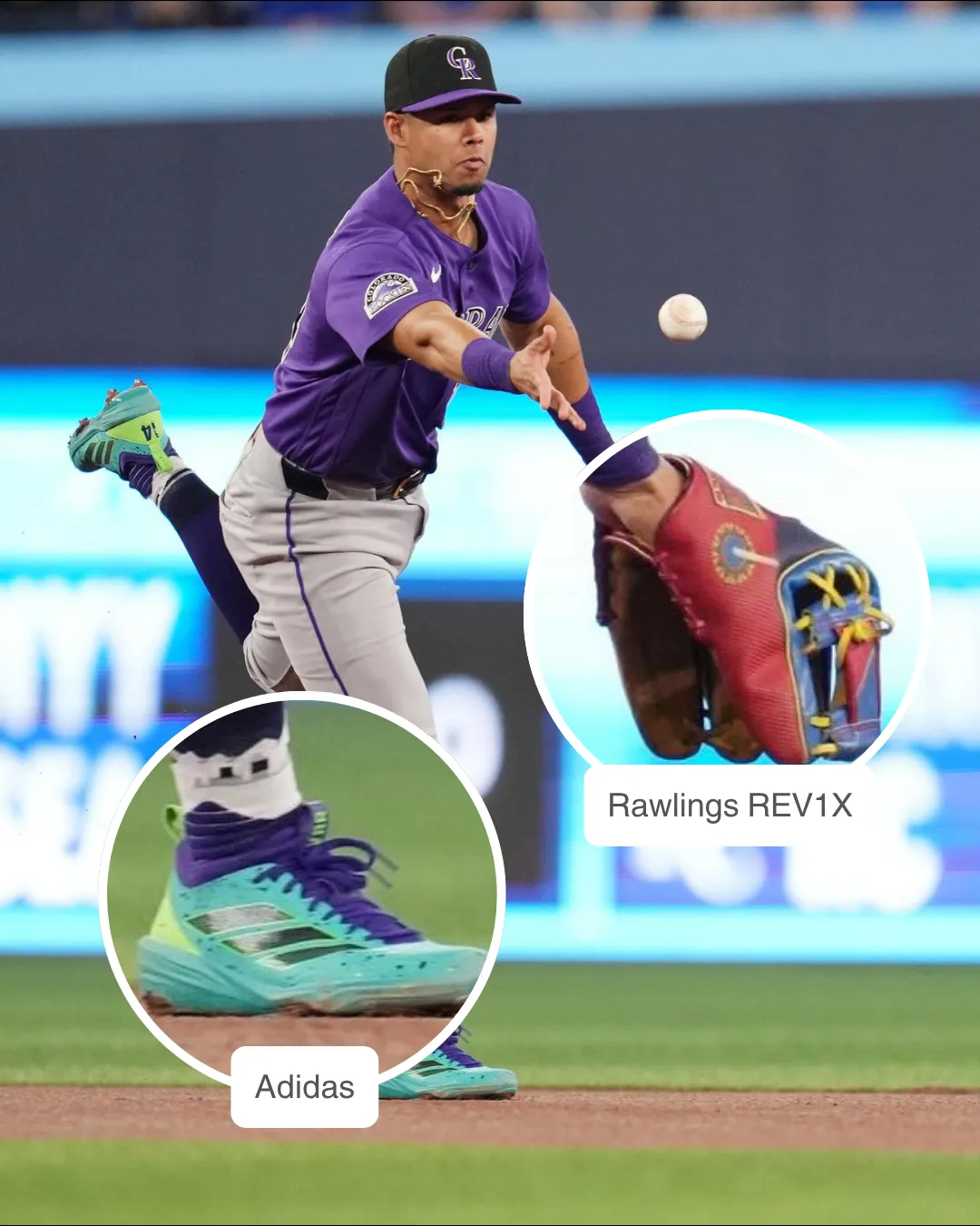 Ezequiel Tovar showcasing his Rawlings REV1X glove and Adidas Adizero cleats