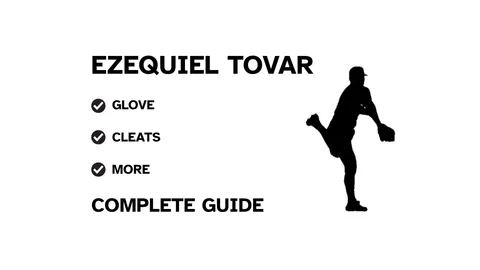 A graphic for the complete guide to Ezequiel Tovar's baseball gear, featuring his name, a silhouette of him playing, and a checklist including his glove and cleats.
